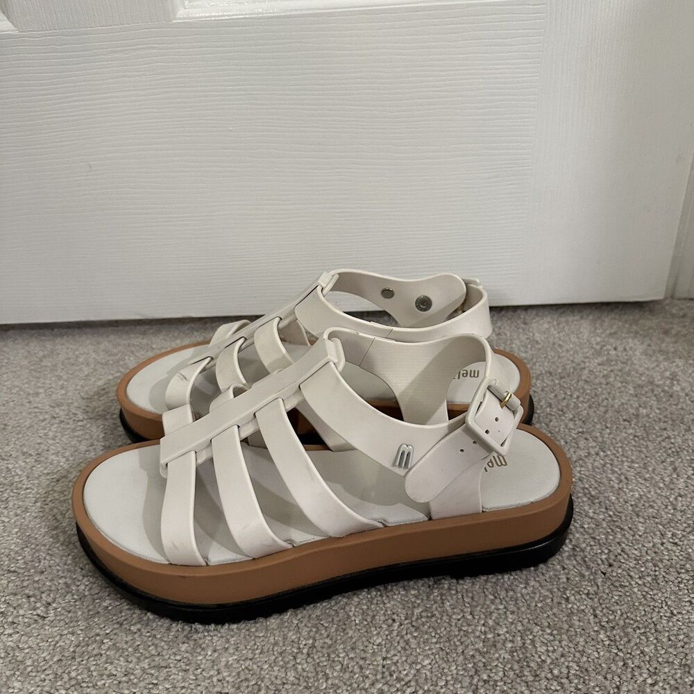 Melissa Flox 3 III Womens US 7 Sandals: white, tan, black